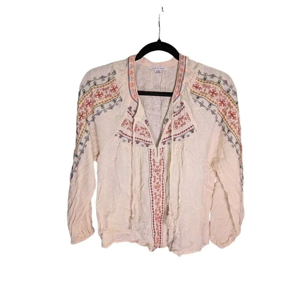 American Eagle Embroidered Peasant Blouse With Tassels Women's Medium